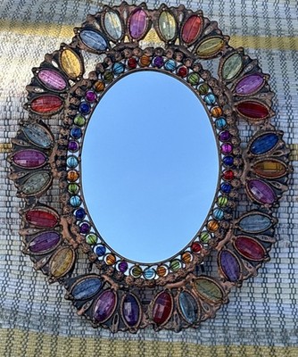 Pier 1 Boho Jewels Floral Beaded Metal Frame Mirror Vintage Bronze J1