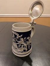 Cobalt Blue and Grey Gerz German Ceramic Beer Stein .5L with Pewter Lid Lions