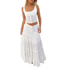 Y2k Women's Two-Piece Crop Top Maxi Skirt Set, Sleeveless Ruffle Beach Outfit