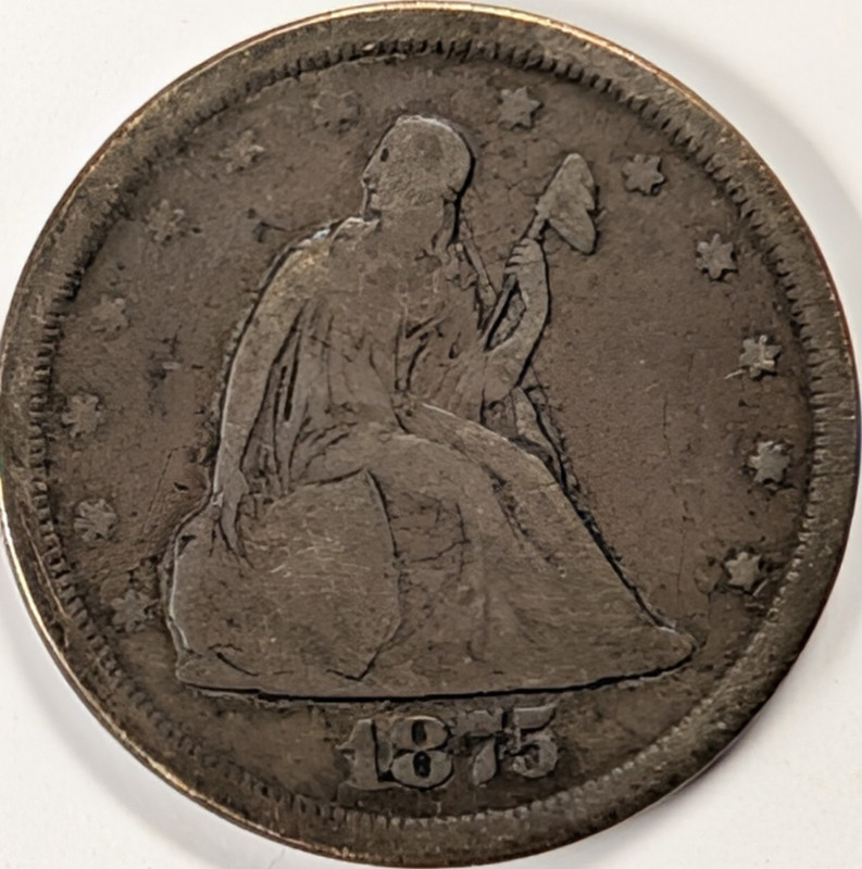 1875 San Francisco Twenty Cent Seated Liberty Silver Coin Reeded Edge 20c-102
