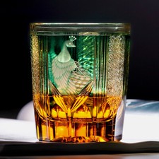 Amber Green Whiskey Glasses Japanese Style Hand Cut Crystal Kiriko Glass 8.5oz