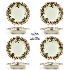 Block Basics FESTIVE RIBBON 12oz Soup Bowl Set 4 Pine Holly Berry Red Christmas