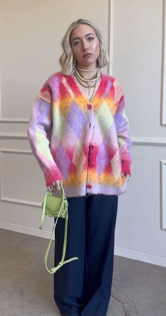 Zara Argyle Knit Cardigan Multicoloured Purple Pink Green M Zara Argyle Knit Cardigan Multicoloured Purple Pink Green M