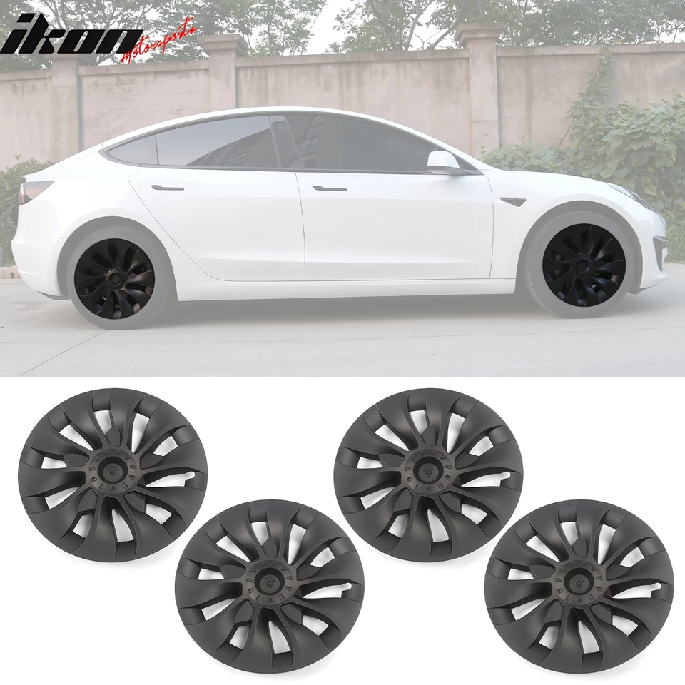 Fits 17-23 Tesla Model 3 18'' Cyclone Wheel Hubcaps Rim Covers Matte Black 4PCS