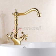 Gold Swivel Bathroom Basin Faucet Dual Cross Handles Single Hole Sink Mixer Tap