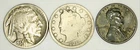 Buffalo Head Nickel, Liberty V Nickel, 1943 Steel Wheat Cent - 3 coin lot
