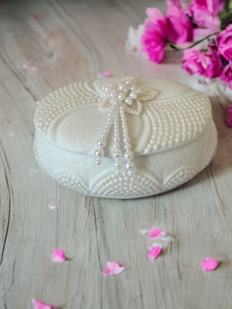Elegant White Ceramic Jewelry Box with Pearl Accents & Floral Design  