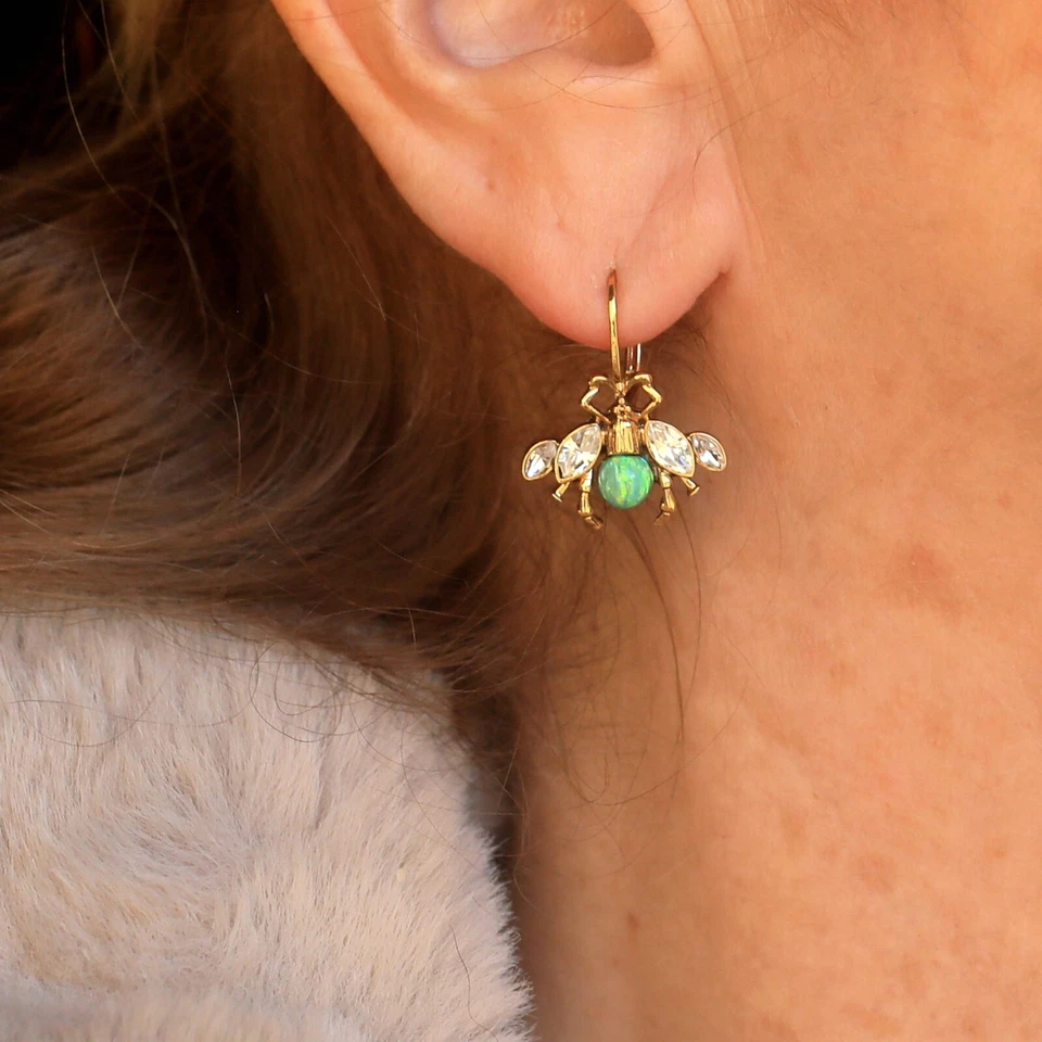 Ohrringe Klappbügel Golden Klein Insect Biene Perle Opal Grün Syn. QD4 - Bild 4 von 4