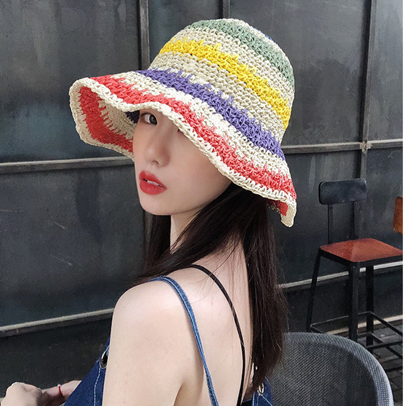 Lady Straw Bucket Bush Hat Foldable Fishing Beach Sun Rainbow Floppy Wide  Brim