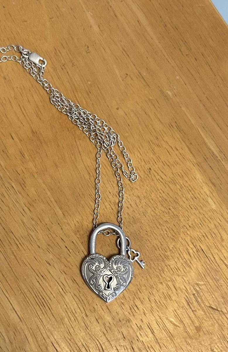 Large Sterling Silver Heart Padlock With Small Key Necklace 18