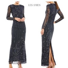 Mac Duggal sequin formal dress high neck illusion navy formal cocktail NWT Sz 8