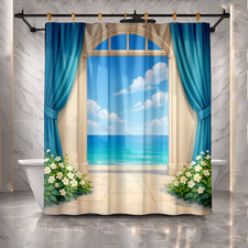 Tranquil Seaside Scene Through Open Window Shower Curtain Sky Blue Decor