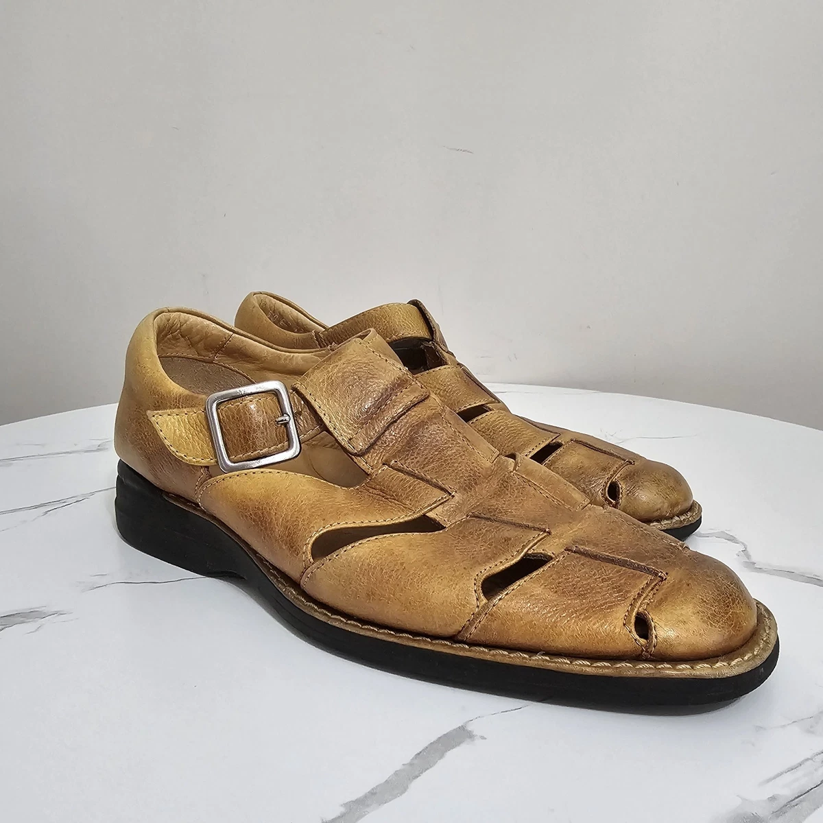 Johnston & Murphy Mens Shoes Black Fisherman Buckle Woven Sandals Sheepskin 9.5M Johnston & Murphy Fisherman Leather Upper Sandals for Men  main image 2