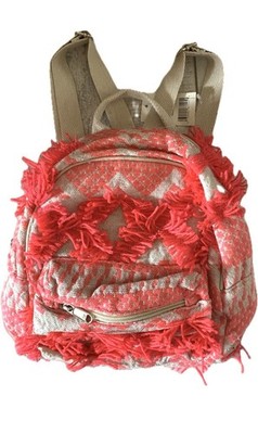 New Small Backpack Purse Travel Bag Neon Pink & Linen Canvas Fabric Zip Closure