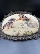 VTG Handmade Needlepoint Parlor Pillow Dachshunds Playing W/Ant Wool Fringe