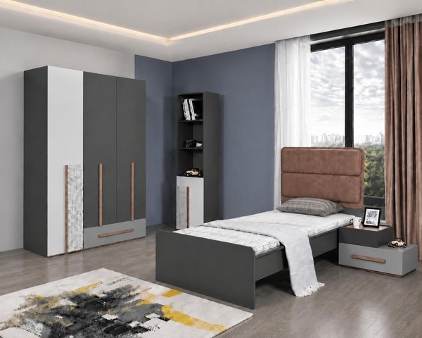 Jugendbett Einzelbett Grau Braun Holz Polsterkopfteil Modern-image