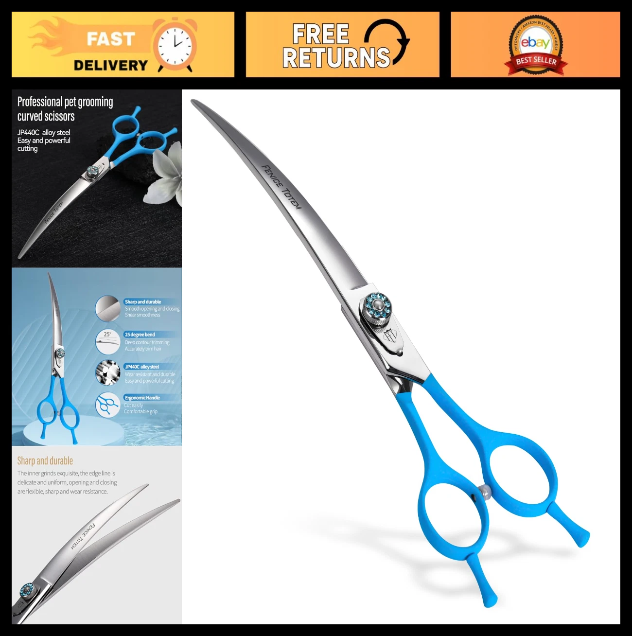 Curved Pet Grooming Scissors - Sharp 7" JP440C Steel, Ergonomic Blue Handle, Dur