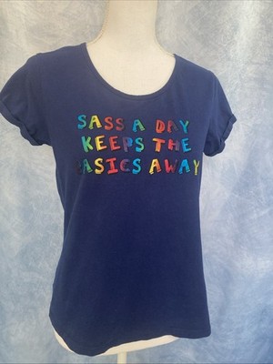 Y2K Navy Blue Graphic Tee Sass A Day Keeps The Basics Away Rainbow Teen Large