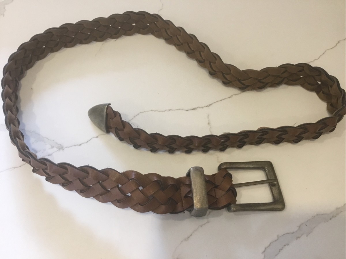 Women’s Braided Leather Belt with Decorative Brass Buckle - Brown Vintage Chocolate Brown Braided Leather Belt With Round  main image 4