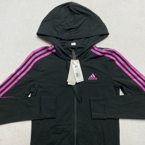 Adidas 3 Stripes Hooded Track Jacket Women's XS Black and Pink With Pockets NWT