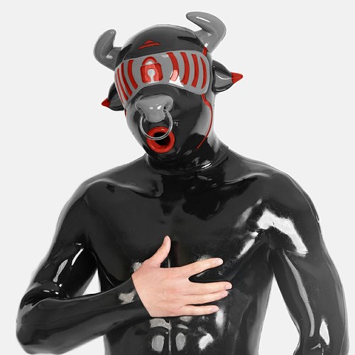 FURRJOI Silicone BDSM Red Cow Drone Mask Hood Headgear Cosplay Party Costume - Picture 6 of 6