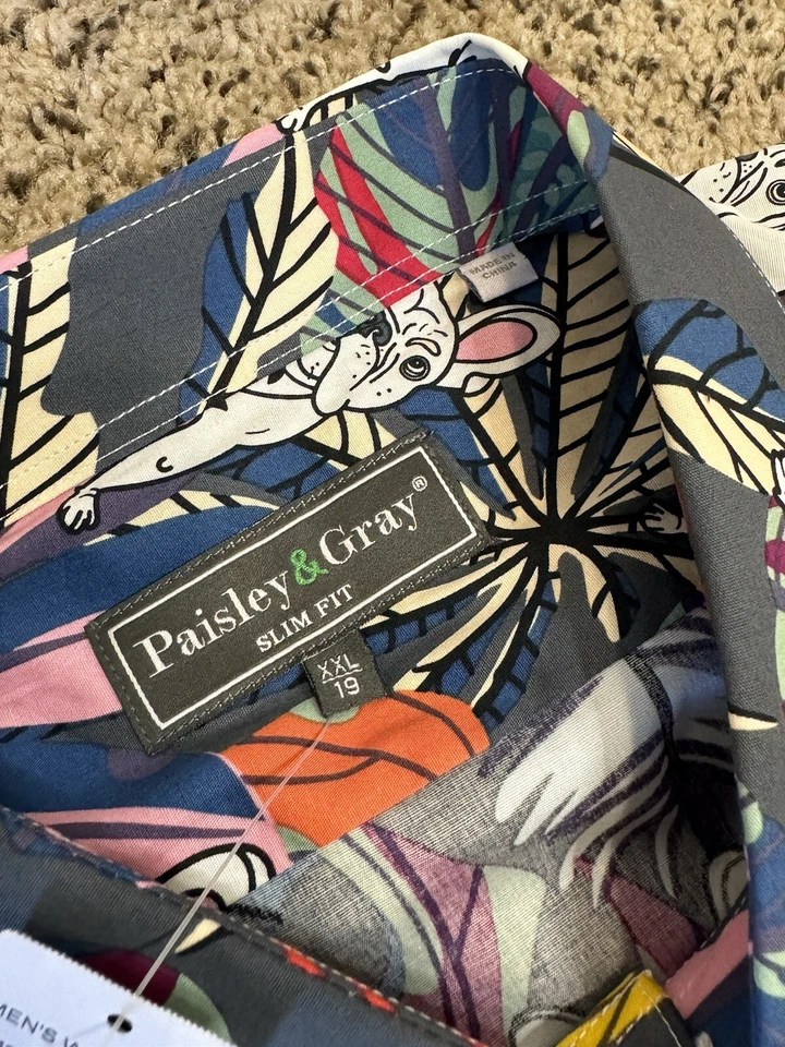 Camisa social masculina paisley e cinza 2XL slim fit buldogue francês estampa floral Frenchie - Imagem 2 de 4
