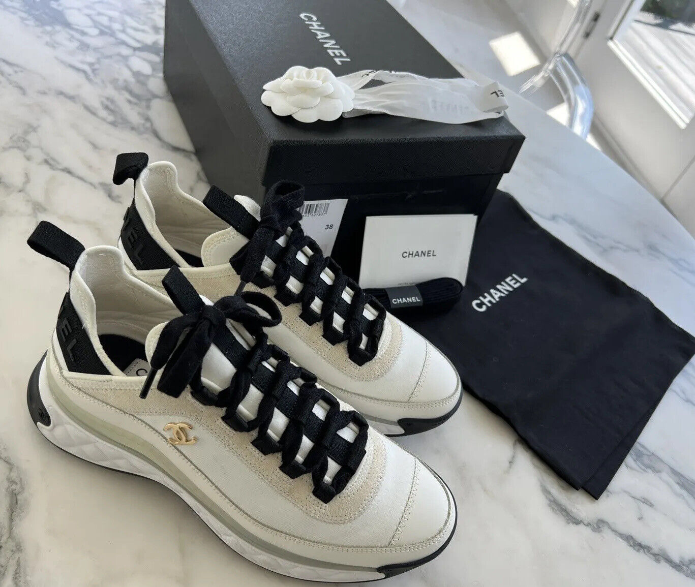 Chanel Sneakers White Leather w/ Black Leather CC To Cap 38 / 8 New w/ –  Mightychic