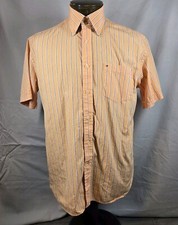 Tommy Hilfiger 80s 2 Ply Fabric Shirt Mens M Orange Striped Short Sleeve Button