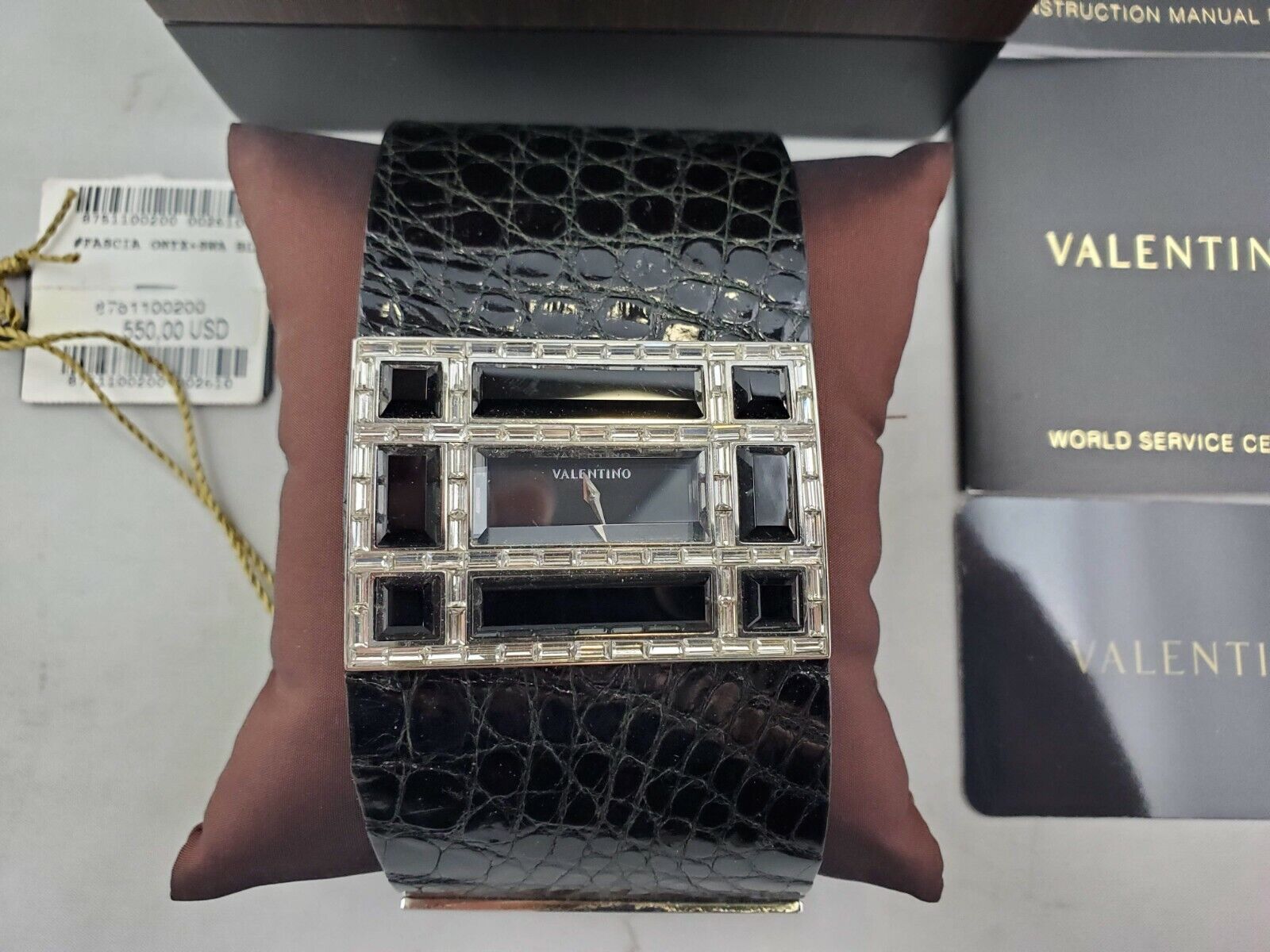 Valentino Italy Black Crocodile Band Cuff Watch in Box with Papers - Never Worn