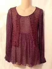 CAbi Purple Semi Sheer Print Blouse Size XS