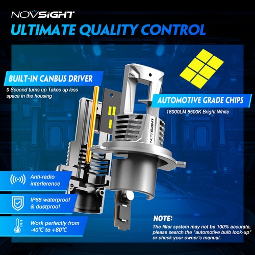NOVSIGHT H4 9003 Super White 18000LM Kit LED Headlight Bulbs High Low Beam 6500K - Picture 7 of 9