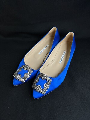 Manolo Blahnik Hangisi Embellished Royal Blue Satin Flats 38 (US