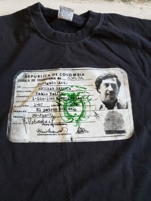 Pablo Escobar Shirt ID Patron del Mal Made In Colombia Cotton Tee Black Size L
