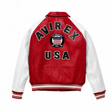 Men's Avirex Red White Leather Bomber Jacket American Flight Varsity USA Jacket