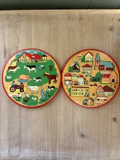 2 VINTAGE ROUND DUTCH WOODEN SIMPLEX PUZZLES FARMING & CITY / Missing 1 Piece