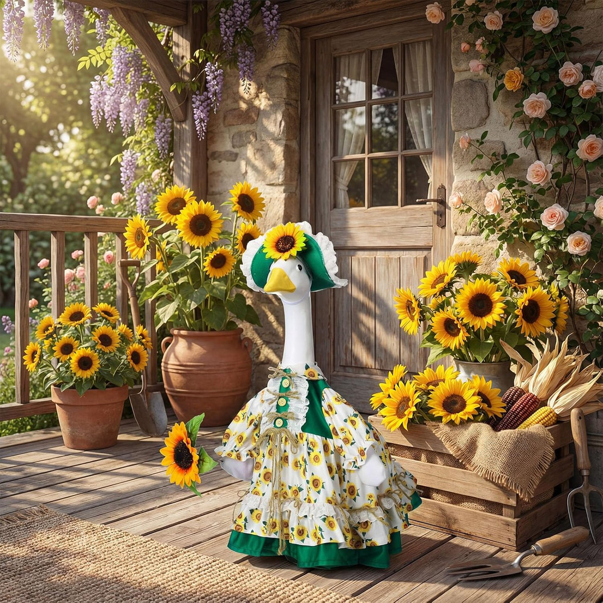 1 Set Sunflower Porch Goose Outfit 23 Inch Summer Cement Goose Clothes Dress and View 2
