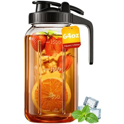 64 oz Mason Jar Pitcher   Airtight & Leakproof Glass Pitcher with Lid, Perfec...
