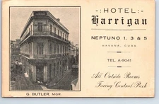 Postcard Cuba, Havane Hotel Harrigan Neptuno 1, 3 & 5 Tel. A-9041 G Butler Mgr.
