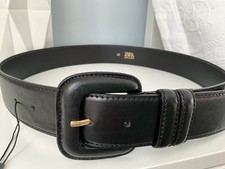 Zara Women s Genuine Leather Square Buckle Black Belt 85/32 Made in Spain NWT