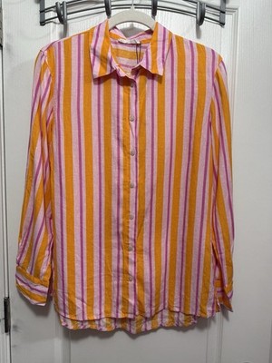 Primark Cares Blouse Linen Blend Women's XS Pink Orange Striped Button Up Beach