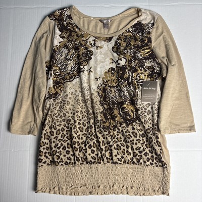 White Stag Women s XXL Shirt Tan Brown Gold Animal Print Elastic Waist New Tags