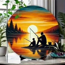Vintage Lakeside Sunset Fishing Scene Metal Wall Art - Round Aluminum Frameless