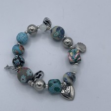 Artisan Style Stretch Bracelet Floral Polymer Clay Beads Heart Fish Shell Charms
