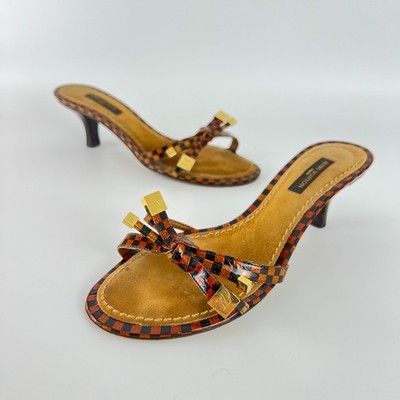 Louis Vuitton | Auth Damier Leather Ribbon Bow Gold Strappy Kitten Mules (34.5)
