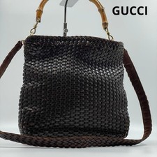 GUCCI Tom Ford 1855 Bamboo Woven Leather Shoulder Bag Dark Brown Authentic