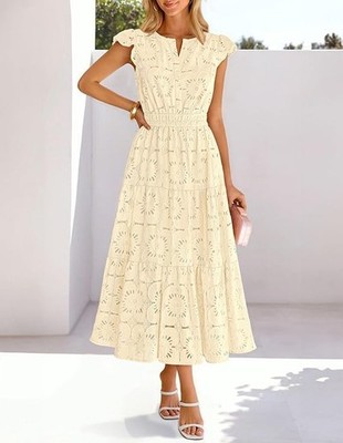 MEROKEETY Lace Eyelet Maxi Dress Apricot M Boho Flutter Sleeve Tiered