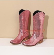 Women's Sequin Mid-calf Knight Boots Zipper 5CM Chunky High Heel Shoes Fashion