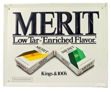 Vintage c1976 Philip Morris MERIT Cigarettes Embossed Metal Stout Sign Co.
