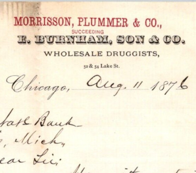 1876 F Burnham Son & Co Chicago IL Collection Letter Morrisson Plummer & Co
