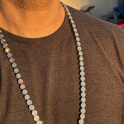 Mens Flower Cluster Chain CZ Iced Flooded Out Silver Tone Sunflower Necklace 30''